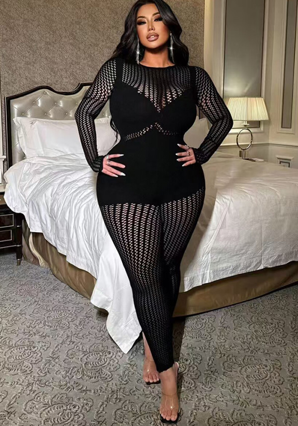 Women Sexy Hollow Out Long Sleeve Jumpsuit Bodysuit