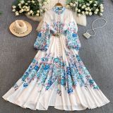 Women Print Stand Collar Lantern Sleeve Dress