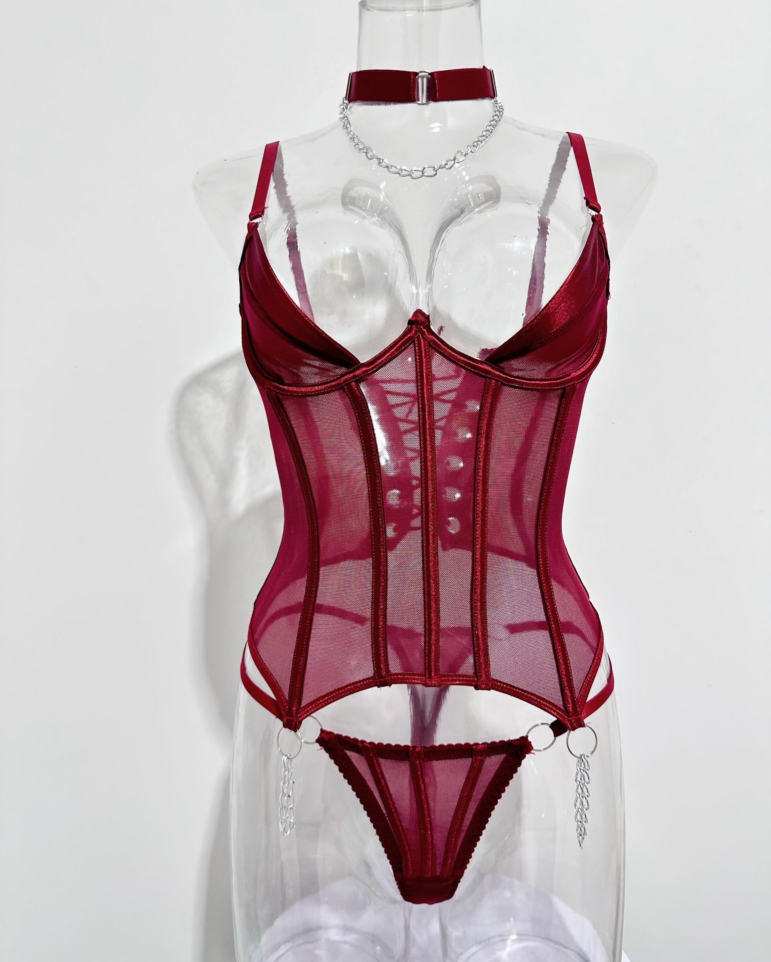 Mesh Boned Shapewear & Thong Lingerie Two-Piece Set