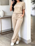 Women Spring Summer Letter Print Round Neck Short Sleeve T-Shirt and Pants Two-Piece Set