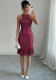 Women Sequin Halter Neck Burgundy Fishtail Dress