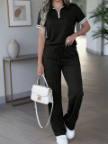 Women Casual Polo Zipper Collar Color Block Short Sleeve Top and Pants Two-Piece Set