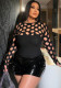 Women Black Hollow Out Long Sleeve Casual Mock Neck Hollow Out Knitting Top