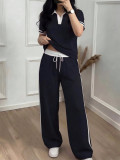 Women Casual Color Block Polo Collar T-Shirt and Stripe Drawstring Pants Two-Piece Set