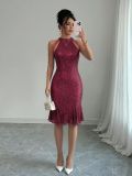 Women Sequin Halter Neck Burgundy Fishtail Dress