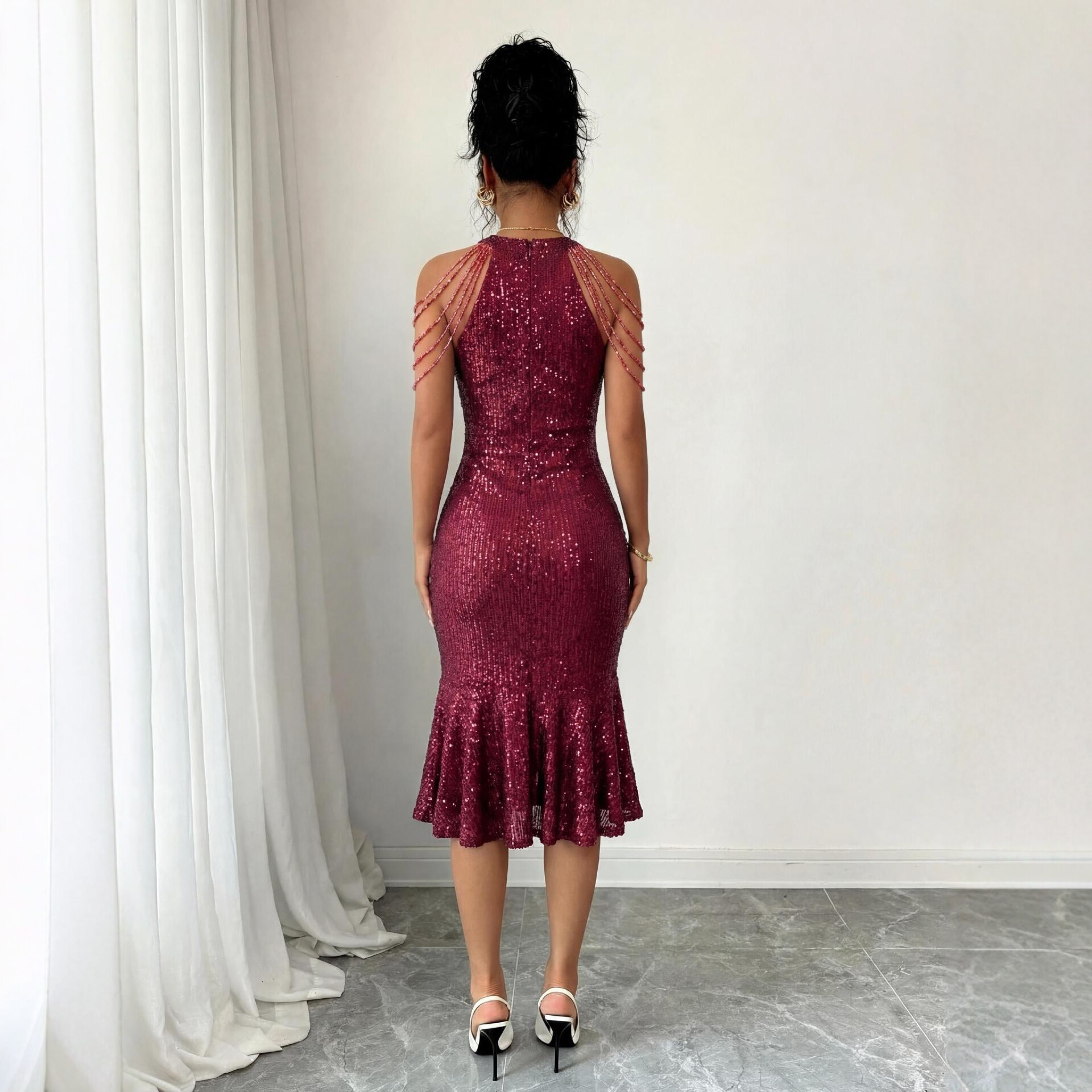 Burgundy Sequin Halter Fishtail Dress for Evening Parties