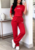 Women Spring Summer Letter Print Round Neck Short Sleeve T-Shirt and Pants Two-Piece Set