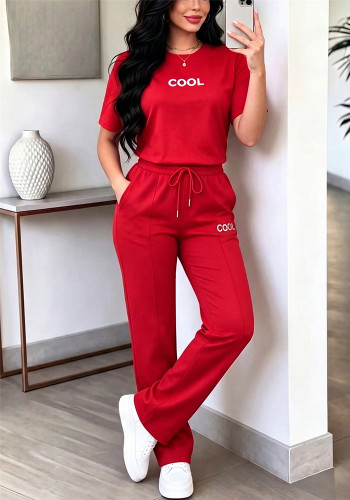 Women Spring Summer Letter Print Round Neck Short Sleeve T-Shirt and Pants Two-Piece Set