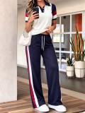 Women Spring Summer Casual Color Block Polo Collar Short Sleeve T-Shirt and Pocket Pants Two-Piece Set