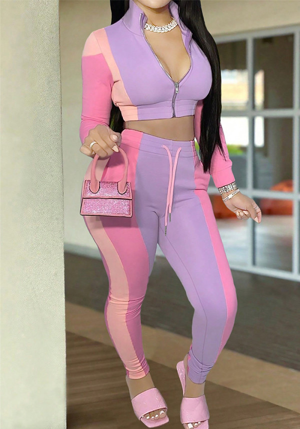 Women Spring Autumn Color Block Patchwork Long Sleeve Top and Casual Cuffed Pants Two-Piece Set