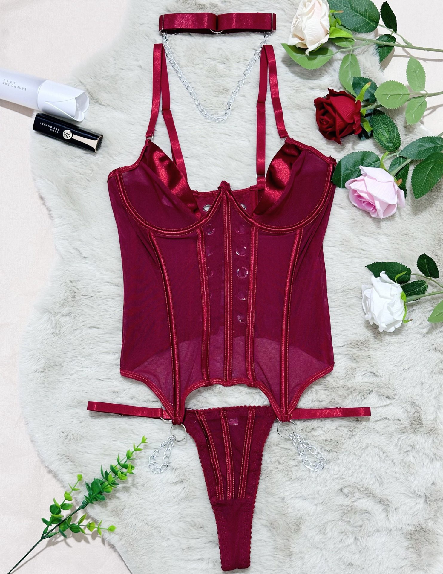 Mesh Boned Shapewear & Thong Lingerie Two-Piece Set