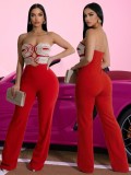 Women Sexy Strapless Color Block Webbing Jumpsuit