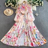 Women Print Stand Collar Lantern Sleeve Dress