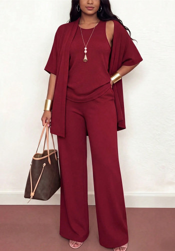 Women Casual Jacket Top + Round Neck Sleeveless Vest and Pants Three-Piece Set