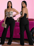 Women Sexy Strapless Color Block Webbing Jumpsuit