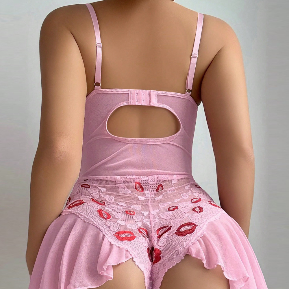 Red Lip Embroidered Lace See-Through Lingerie Pajama Set