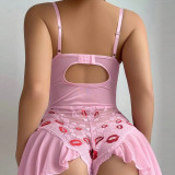Women Lace See-Through Red Lip Embroidered Bra Pajamas Lingerie