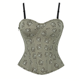 Women Oil Painting Floral Jacquard Thin Spaghetti Strap Boned Corset Shaping Top