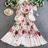 Women Print Stand Collar Lantern Sleeve Dress