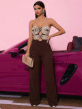 Women Sexy Strapless Color Block Webbing Jumpsuit