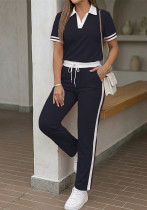 Women Casual Color Block Polo Collar T-Shirt and Stripe Drawstring Pants Two-Piece Set