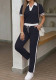 Women Casual Color Block Polo Collar T-Shirt and Stripe Drawstring Pants Two-Piece Set
