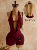 Women Sexy V-Neck Draped Collar Halter Neck Backless Jumpsuit