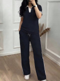Women Casual Color Block Polo Collar T-Shirt and Stripe Drawstring Pants Two-Piece Set
