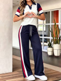 Women Spring Summer Casual Color Block Polo Collar Short Sleeve T-Shirt and Pocket Pants Two-Piece Set