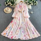 Women Print Stand Collar Lantern Sleeve Dress