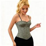 Women Oil Painting Floral Jacquard Thin Spaghetti Strap Boned Corset Shaping Top