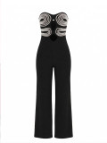 Women Sexy Strapless Color Block Webbing Jumpsuit