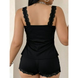Plus Size Women Black Lace Trim Spaghetti Strap Top Shorts Two-Piece Set