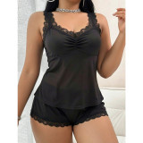 Plus Size Women Black Lace Trim Spaghetti Strap Top Shorts Two-Piece Set