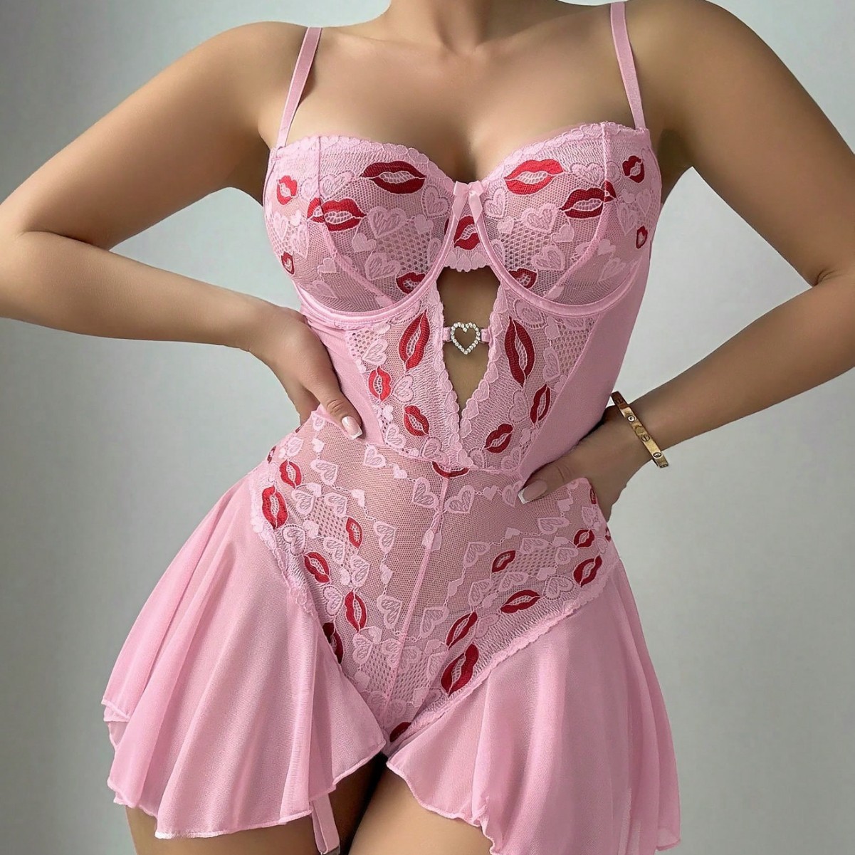 Red Lip Embroidered Lace See-Through Lingerie Pajama Set