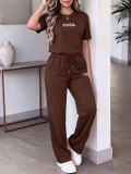 Women Spring Summer Letter Print Round Neck Short Sleeve T-Shirt and Pants Two-Piece Set