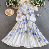Women Print Stand Collar Lantern Sleeve Dress