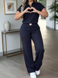 Women Casual Color Block Short Sleeve Top and Heart Print Pants Two-Piece Set