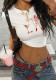 Women Summer American Denim Print Short Sleeve Crop T-Shirt
