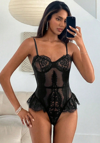 Women Black Lace Underwire Mesh Eyelash Lace Bodysuit Lingerie