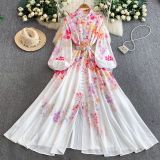 Women Print Stand Collar Lantern Sleeve Dress