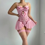 Women Lace See-Through Red Lip Embroidered Bra Pajamas Lingerie