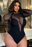 Women Beige Round Neck Hollow Out Lace Sexy One Piece Knitting Jumpsuit