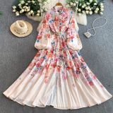 Women Print Stand Collar Lantern Sleeve Dress