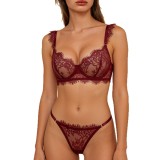 Women Underwire Bra Sexy French Eyelash Lace See-Through Full Bust Two-Piece Set Lingerie