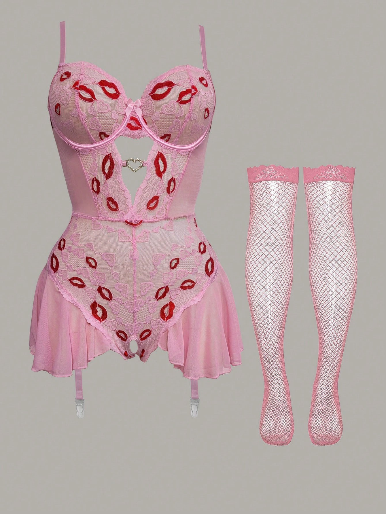 Red Lip Embroidered Lace See-Through Lingerie Pajama Set