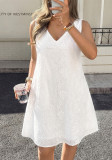 Plus Size Women French Sleeveless Embroidered Hollow Out White Lace V-Neck Holiday Dress