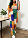 Women Spring Summer Round Neck Short Sleeve T-Shirt and Pants Two-Piece Set