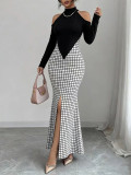 Women Summer Long Sleeve Off Shoulder Plaid Print Maxi Dress