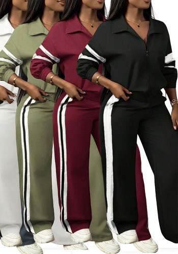 Women Color Block Striped Casual Zip Top Wide Leg Pants Two-Piece Tracksuit